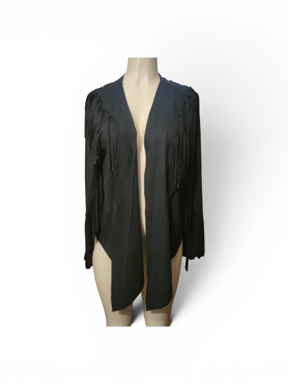 Vocal Black Seude Fringe Open-Front Cardigan 1XL